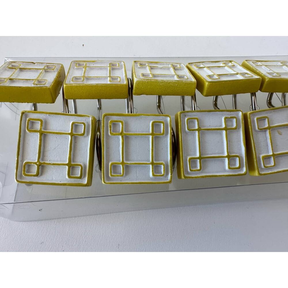 Shower Curtain Rings Hooks, geometric yellow & white, set of 12